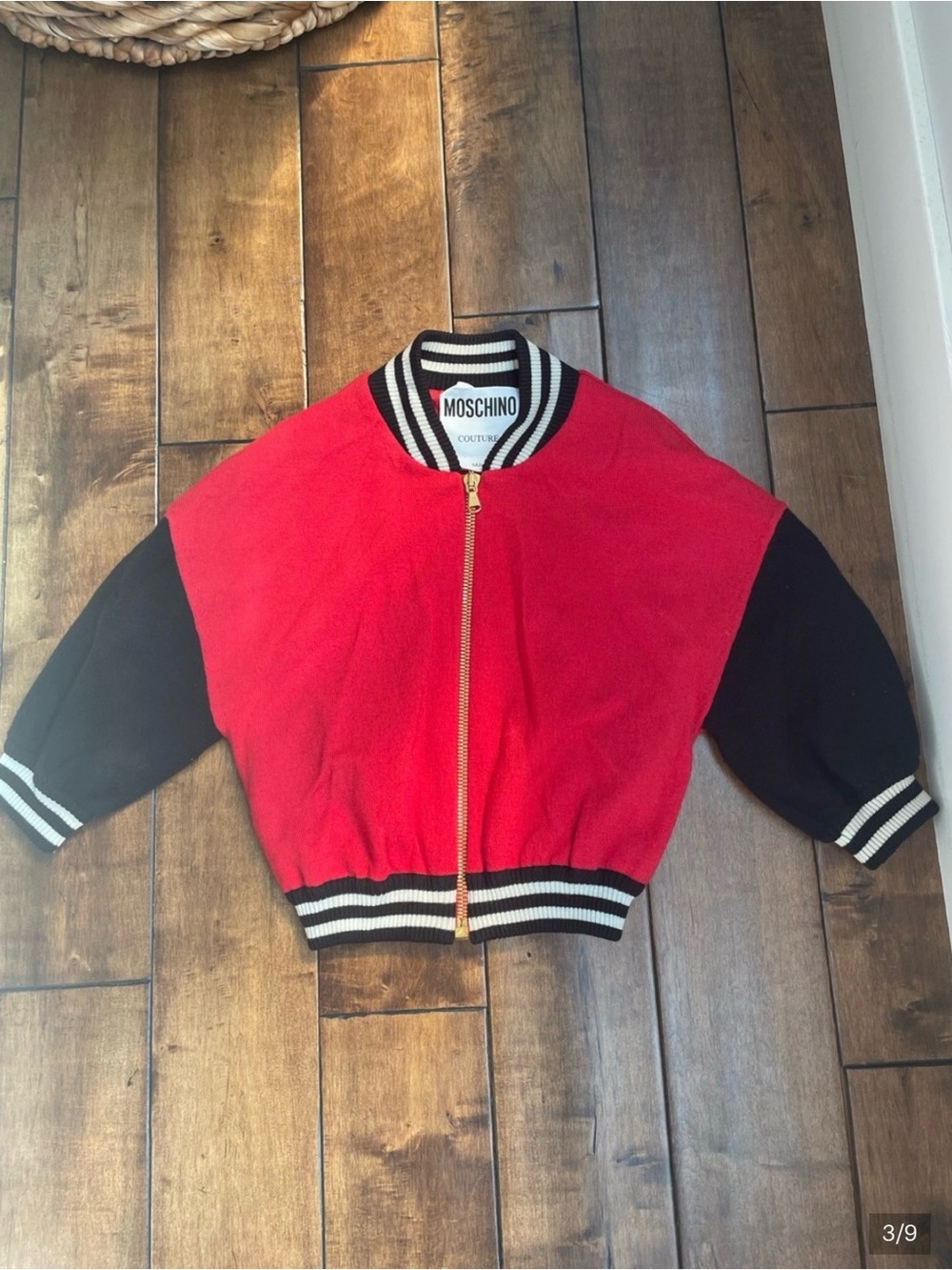 Moschino Red and Black Cropped Varsity Jacket with Gold Zip Size 6 - Picture 3 of 9